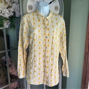 Women’s J.Jill White & Yellow Floral Embroidered Button-Up Shirt Long Sleeve L